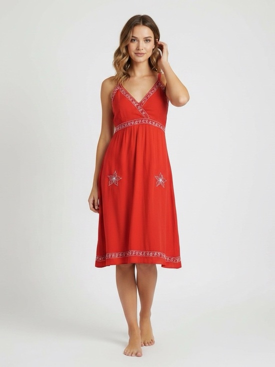 None Dresses & Skirts - Unbranded red white embroidered slip dress elastic size small handmade Indonesia